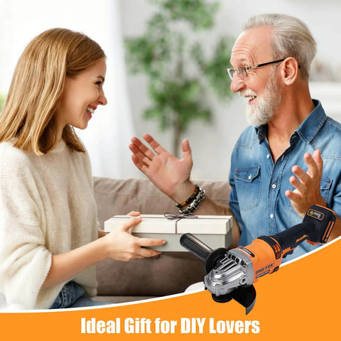 Woman gifting a cordless four and one half inch angle grinder with brushless motor 8000 RPM variable speed, ideal for grind and polish.
