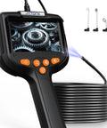 Lighted Borescope With 4.3 Inch HD Display And 5.5mm Waterproof Lens For Cars, Pipes And Tight Spots, 6.6 Feet Cable, 180 Degree Rotatable View, Color Adjust And Zoom For Quick, Easy Inspections. Black borescope with 4.3-inch screen, 5.5mm lens, 6.6ft cable, and probe accessories.