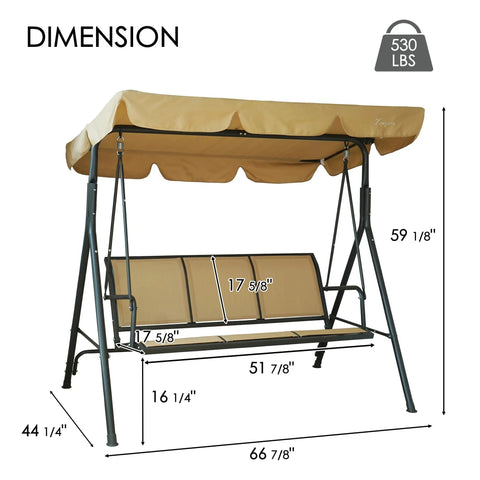 Three Person Outdoor Porch Swing With Canopy Shade, Breathable Textilene Seat And Armrests, Adjustable Canopy, Heavy Duty Steel Frame, Dimensions