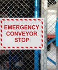 Built Tough Osha Emergency Conveyor Stop Sign Heavy Duty Weatherproof Plastic For Indoor Or Outdoor Use Uv Resistant Wall Mounted Industrial Safety Placard No Sweat Installation With Bold Warning Markings on fence.