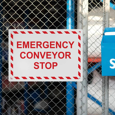 Built Tough Osha Emergency Conveyor Stop Sign Heavy Duty Weatherproof Plastic For Indoor Or Outdoor Use Uv Resistant Wall Mounted Industrial Safety Placard No Sweat Installation With Bold Warning Markings on fence.