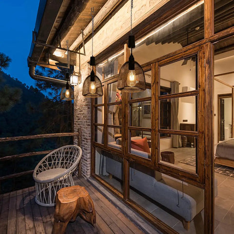 Battery Powered Hanging Light With Retro Black Metal Mesh Shade Edison Bulb, Six Hour Timer, Outdoor Pendant Lantern on patio