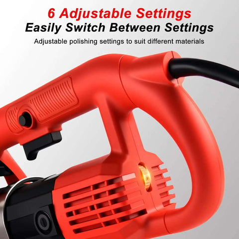 Close-up of Beefy 3600W Four Head Concrete Grinder With LED Light and Full Copper Motor, showing red handle and settings control.