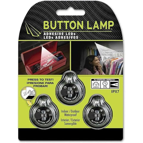Ultra Bright Button LED Lights With Adhesive Backing Pack displayed in packaging, showcasing usage in toolboxes and closets.
