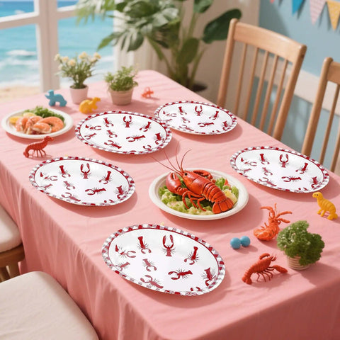 50 Pack Crawfish Boil Disposable Paper Plates Red Grid Oval Heavy Duty Design For Seafood Feasts Backyard Kickbacks Measuring 10X12 Inches on a table with food.