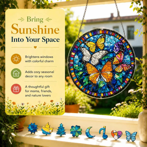 Butterfly Suncatcher Puzzle Kit With 83 Pieces For Doors Garden And Windows UV Printed Acrylic Double Sided Light Transmission Dope DIY Hobby For Adults 7.4 Inches hanging on a window with sunlight shining through.