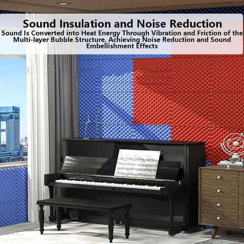 Top Tier Self Adhesive Acoustic Foam Panels Sick Soundproofing Tiles For Home Studio And Music Room Wall Sound Dampening Pads Low Odor Polyurethane Egg Crate Design Mat Black installed around a piano.
