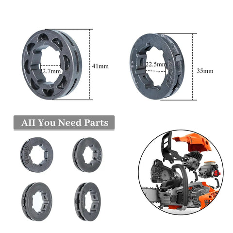 Six Type Sprocket Rim Kit with Seven Tooth and Eight Tooth Options for Three Eighths Inch Chainsaws, replacement set shown