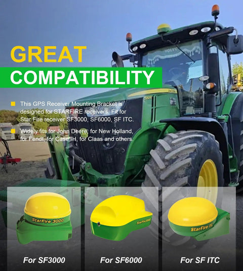 Universal Heavy Duty GPS Receiver Mounting Bracket Adapter PF81190 displayed on John Deere tractor with StarFire options.