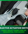 Selective actuation switch on narrow crown finish stapler for finishing and cabinetry, 18 gauge pneumatic nail gun in use