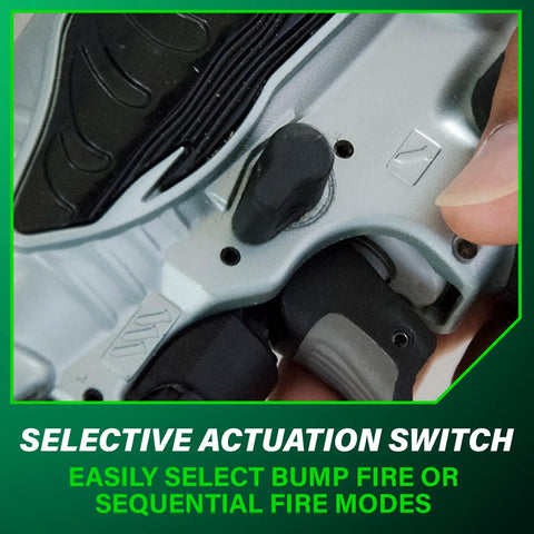 Selective actuation switch on narrow crown finish stapler for finishing and cabinetry, 18 gauge pneumatic nail gun in use