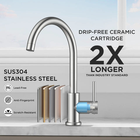 Lead Free Stainless Steel Kitchen Faucet With Brushed Nickel Single Handle High Arc showing ceramic cartridge design.