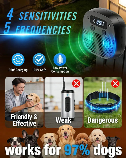 Ultrasonic Dog Bark Control Device With Sensor Tech, Remote, And Adjustable Modes For Indoor Outdoor Use, Rechargeable Bark Deterrent With 15-35KHz Frequency, Keeps Your Home Quiet And Your Nerves Chill. black wall-mounted unit with display and 4 sensitivities, 5 frequencies