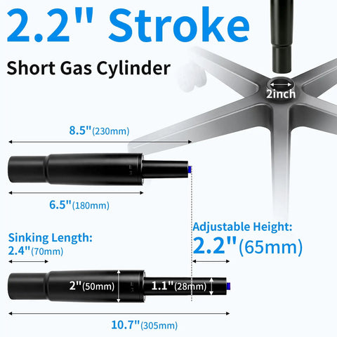 Swap Out The Saggy Stem On Office Chairs Using This Heavy Duty Class Four Gas Cylinder With A Two Point Two Inch Stroke For Tough As Nails Height Adjustments And Glides Smooth Daily. Image showing dimensions of 2.2" stroke gas cylinder.