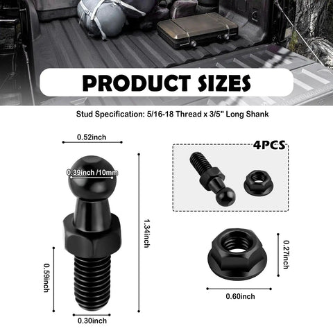 Beefy 4 Pack 10mm Ball Studs And Nuts Kit For Gas Struts 5/16-18 Thread 0.6 Inch Long Shank Heavy Duty Lift Support Ball Studs For Gas Springs Easy Install And Reliable Performance. 4PCS black ball stud and nut size diagram