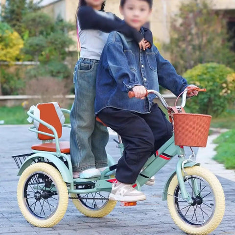 Two children on a Three Wheel Cruiser Tricycle With Rear Passenger Seat And Backrest, Pneumatic Tire Spoke Wheel, Pedals And Single Brake