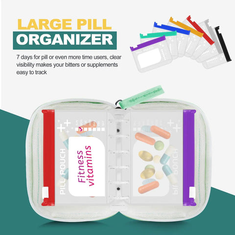 Waterproof A7 Pill Organizer Kit With 7 Large Zipper Pouches For A7 Binder BPA Free Weekly Medicine Storage Color Coded