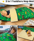 Detachable Toddler Nap Mat With Pillow And Blanket Thickened Extra Large Sleeping Bag in green truck design with toddler sleeping