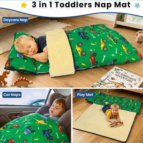 Detachable Toddler Nap Mat With Pillow And Blanket Thickened Extra Large Sleeping Bag in green truck design with toddler sleeping