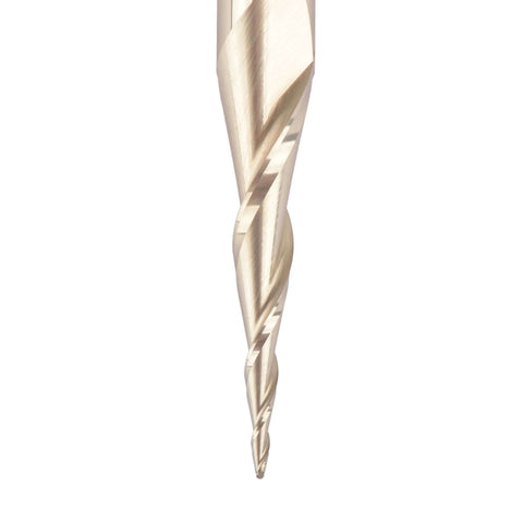 SpeTool tapered ball-nose end mill, close-up view, 1/4 in shank, 1/64 in radius, ZrN coating