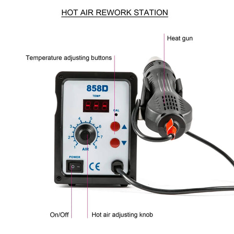 858D SMD Rework Station With Hot Air Gun 700W Soldering Desoldering Kit LED Digital Temperature Display front view