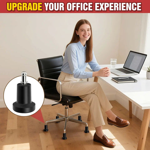 Premium Office Chair Glides Replace Swivel Casters With Slick Stationary Fixed Feet supporting a desk chair in an office setting.