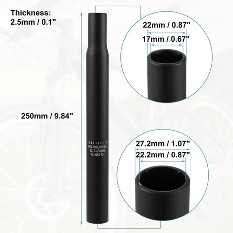 Beefy 27.2mm By 250mm Aluminum Seat Post With Calibrated Scale Mark Black For MTB Mountain Bikes Universal Fit Lightweight Rust Resistant Alloy For Easy Height Adjustments, showing dimensions and thickness details.