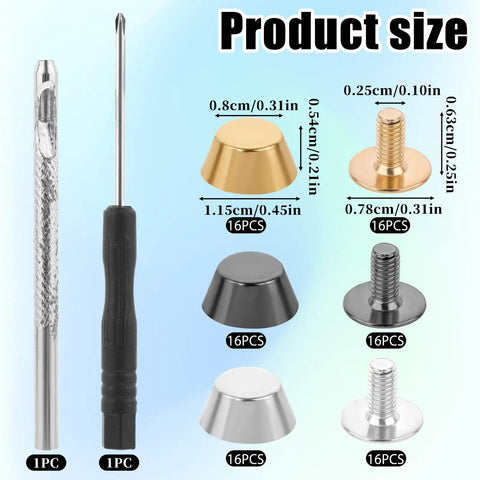 Heavy Duty Brass Screw Back Purse Feet And Metal Rivets For Handbag Bottom Protectors With Punch And Screwdriver Included No Sweat Install For DIY Leather Craft Gear product size with tools and brass accessories.