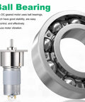 Mini Micro DC Gear Motor 35W 12V 150 RPM with CW CCW adjustable speed next to large silver ball bearing