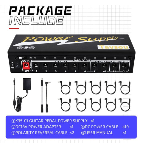 10 Isolated DC Outputs Guitar Pedal Power Supply with cables and adapter, featuring 9V 100mA, 9V 500mA, 12V, and 18V outputs, shown unpackaged.