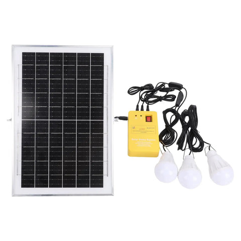 Top Shelf Solar Generator Kit With 6000mAh Battery, Led Lighting, And Multiport Usb Hub For Camping, includes solar panel, power hub, and three LEDs.
