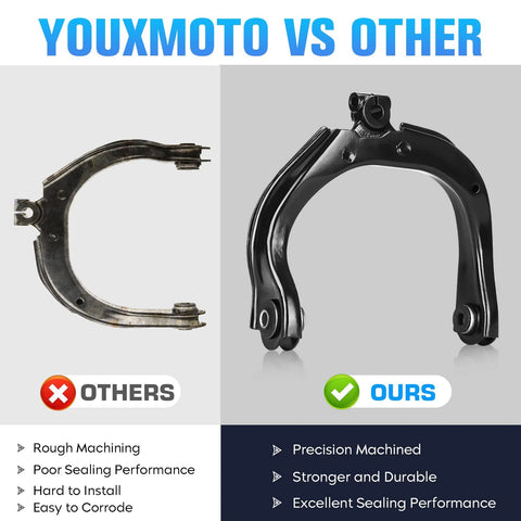 Comparison of two front upper control arm suspension kits; left is rough, right is precision machined for Chevy Trailblazer SSR 2003-2006 Buick Rainier GMC Envoy Isuzu Ascender Oldsmobile Bravada 16 piece replacement parts.