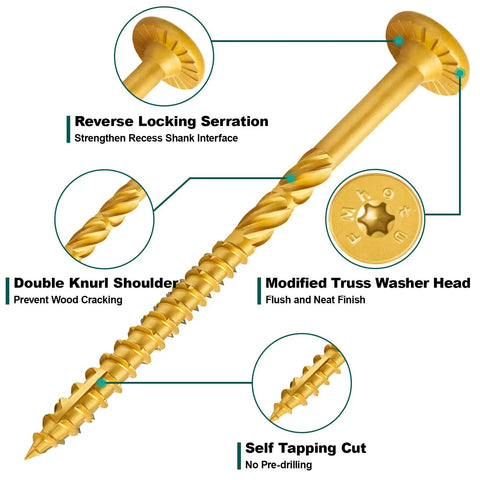Heavy Duty Structural Lag Screws One Quarter X Four Inch Carbon Steel Wood Fasteners with modified truss head and knurled shoulder.