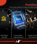 Three-section image displaying functions: check engine fault light, ECU for stable engine operation, normal idle operation.