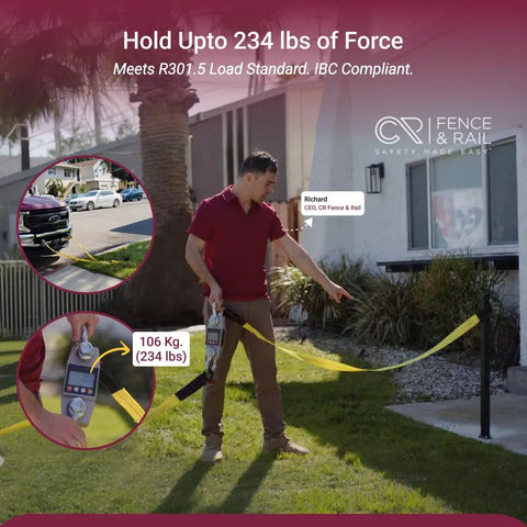 Nifty And Rock Solid Two To Three Step Stair Handrail Kit With 40 Inch Top Rail for outdoor use, showing strength test holding 234 lbs.