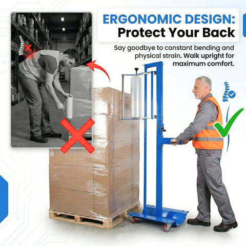 Ergonomic Manual Pallet Wrapper With Adjustable Up To 80 Inch Height for easy loading while standing, preventing back strain during operations.