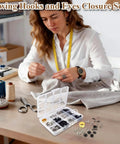 Woman sewing with All-In-One Hook And Eye Sewing Kit With Bra, Skirt And Snap Fasteners, kit and tools on table