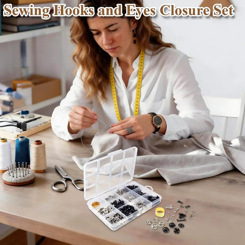 Woman sewing with All-In-One Hook And Eye Sewing Kit With Bra, Skirt And Snap Fasteners, kit and tools on table