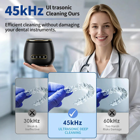 Rechargeable 45kHz Ultrasonic Retainer Cleaner for Dentures Aligners Night Guards Braces and Jewelry Portable 200ML Black with modes