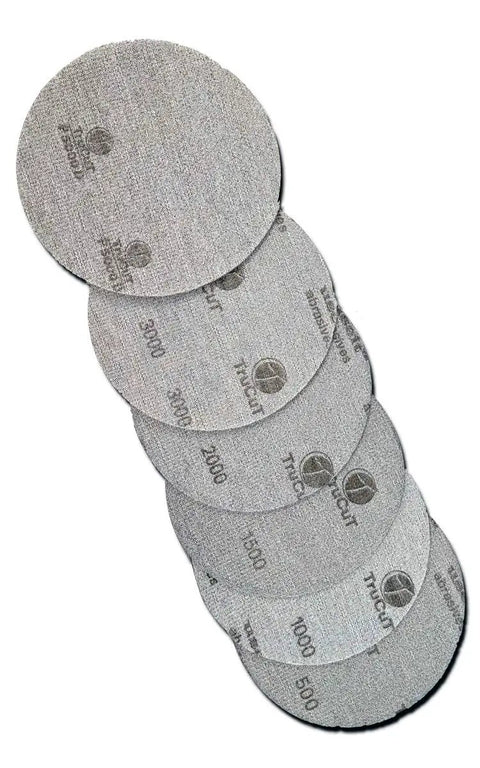 Bowling Ball Sanding Pads 6 Pack All Grits 500 1000 1500 2000 3000 5000 Resurfacing Set stacked in descending order