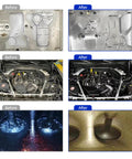 Before and after images showing engine parts and valves cleaned using Portable Heavy Duty Dry Ice Blasting Machine For Auto Engine Degreasing And Garage Floor Decontamination A Heavy Lifting Industrial Cleaner That Kicks Butt Against Grease And Paint Built For Real World Shop Floors.