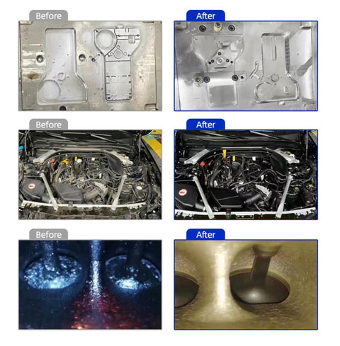Before and after images showing engine parts and valves cleaned using Portable Heavy Duty Dry Ice Blasting Machine For Auto Engine Degreasing And Garage Floor Decontamination A Heavy Lifting Industrial Cleaner That Kicks Butt Against Grease And Paint Built For Real World Shop Floors.