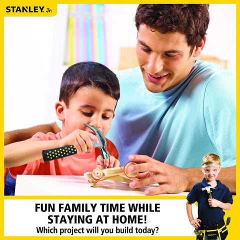 Father and son assembling a Sweet Wooden Bulldozer Model Kit For Kids DIY Construction Truck Toy together at home.
