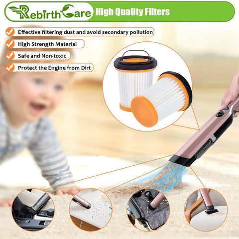 12 Pack WV201 Filter Replacement For Wandvac ION W1 S87 Cordless Handheld Vacuum Go-To Filter With High Efficiency Performance Compatible With WV200 WV201 WV205 WV220 WV201BK Compare To Part XHFWV200 showing filter and vacuum in use