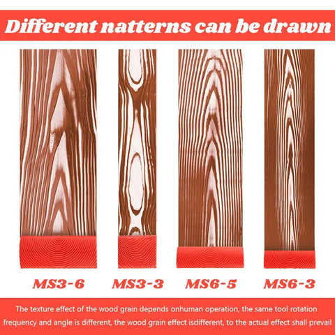 Wood Grain Tool Set 4 Pcs Rubber Graining Rollers For Realistic Wood Texture, pattern variations shown on red rubber rollers.