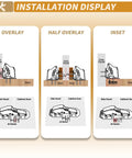 Installation display diagram showing overlay, half overlay, and inset methods for Two Pack Hidden Hinges For Frameless Cabinet Doors 90 Degree Concealed Surface Mount Hinges Fits Door Thickness 0.6 To 1 Inch Premium Cabinet Hardware For Smooth Full Access And Seamless Look.