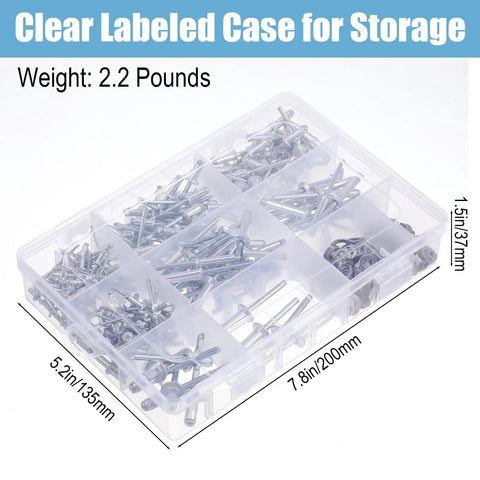 450 Pcs 304 Stainless Steel Pop Rivets With Washers Kit In 8 SAE Sizes in clear labeled case with dimensions