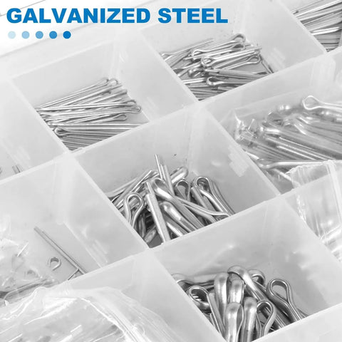 420 Piece 304 Stainless Steel Cotter Pin Clip Set With Hairpin Design displayed in a clear storage box compartments