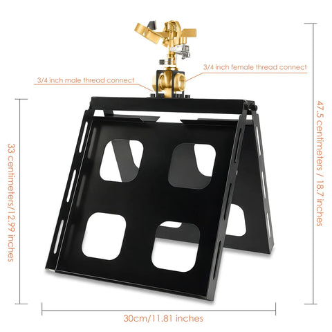 Serious Wildfire Prep Gotta Have This Rooftop Sprinkler With Real Deal Solid Copper 360 Adjustable Head and Tough Galvanized Steel Base for Knockout 3300 Square Foot Coverage All Around, showing adjustable sprinkler head on sturdy base.