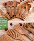 Must Have Go To Kitchen Utensil Set With Holder Natural Teak Wood Tools For Cooking Wooden Spatula Ladle Spoons Slotted Spoon Tongs